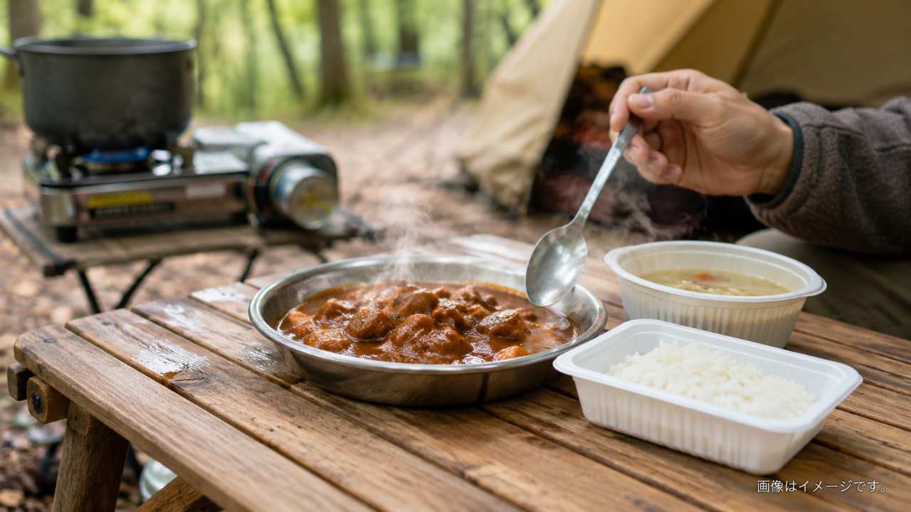 朝のキャンプサイトでパンとスープを並べた簡単な朝食セット
