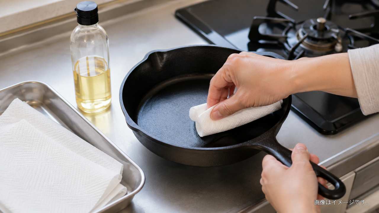 コンロ横でスキレットを洗浄・乾燥・油塗布する焼き入れ手順を示す道具一式