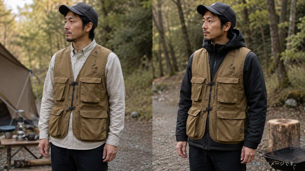 難燃ベストの大容量ポケットと焚き火まわりのキャンプ道具