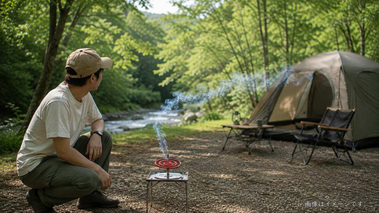 屋外用の虫よけ線香と一般的な蚊取り線香を並べて特徴を比較する様子