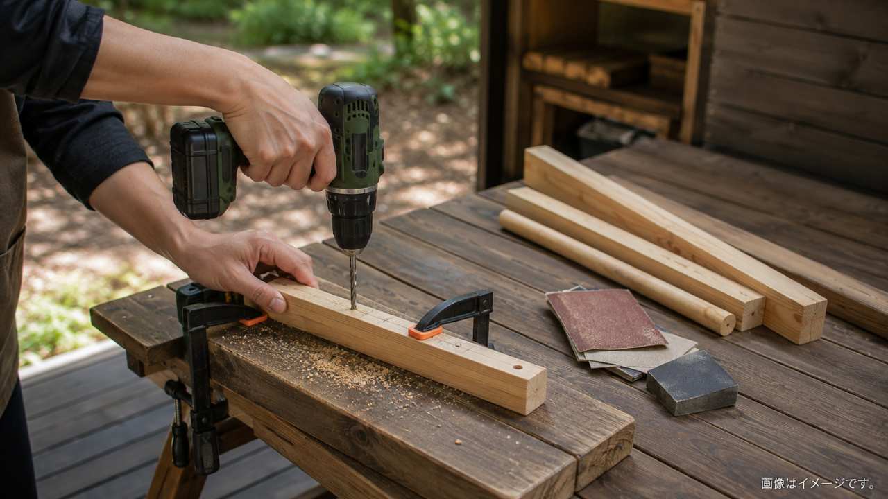 角材と丸棒を並べて自作ハンギングラックの基本設計を確認する作業台