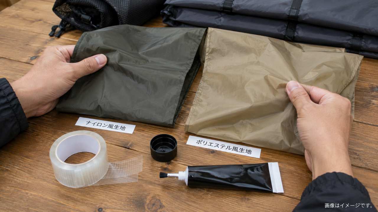 剥がれた縫い目と貼る補修テープ、塗るシームシーラーを並べて違いを確認する様子